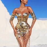 Kleid mit Pailletten, schulterfrei, Netzstoff, durchsichtig, langes Abendkleid