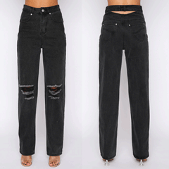 Europe America Street Hipster Ripped Washed Denim Straight Trousers