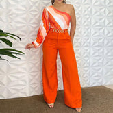 Haut à manches longues et épaules dénudées, couleur unie, pantalon ample deux pièces