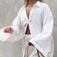 Weiße Strickjacke aus reiner Baumwolle, bequemer Pyjama mit langen Ärmeln und Shorts, zweiteiliges Homewear-Set