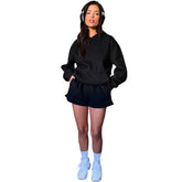 Einfarbige Langarm-Kapuzenpullover Zweiteilige Casual-Shorts-Sets