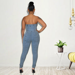 Combinaison en jean corset sans manches à épaules dénudées