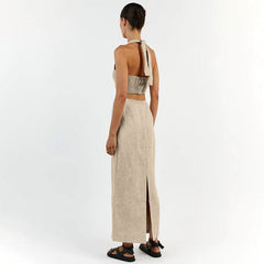 Khaki Cotton Linen Sleeveless Vest Camisole Slim Fit Maxi Skirt Set Skirt