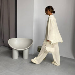 Early Long Sleeve round Neck Loose Trousers Office Stitching Crepe Casual Suit