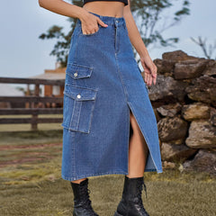 Elastischer Bund Denim Cargohose Lässiger Midikleidrock