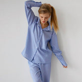 French Comfortable Loose Blue Striped Printed Pajamas Long Sleeve Homewear Can Be Worn outside