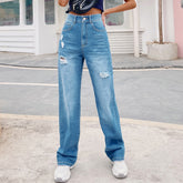 Lockere, hoch taillierte, zerrissene Jeanshose