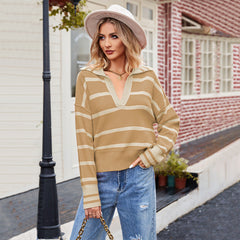 Patchwork-Streifenpullover mit Kragen und lockerer Strickmode