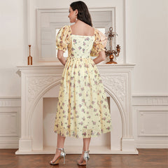 Elegant Mesh Square Collar Puff Sleeve High Waist Dress