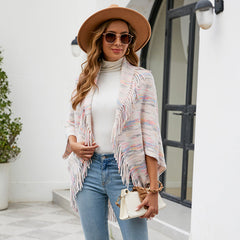 Colorful Striped Tassel Shawl Knitted Cape Coat