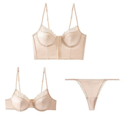 Französische Unterwäsche, dünner Satin, glänzender Spitzenrand, reine Schnalle vorne, geformter Rücken, BH-Set