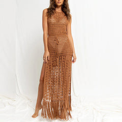 Beach Covervup Cutout out Tied Tassel Bikini Outwear Maxi Dress
