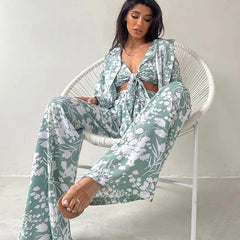 Fall Underwear Three Piece Pajamas Printed Loose Nightgown Trousers Homewear