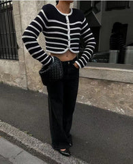 Round Neck Striped Buckle Arc Sweater Cardigan Coat