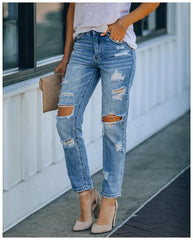 Ripped Slimming Denim Straight Washed Casual Pants