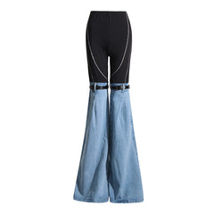 Color Contrast Stitching Denim Belt High Elasticity Slimming Flab Hiding Casual Pants Trousers