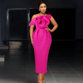 Robe de cocktail amincissante à col en V et épaules dénudées, motif floral tridimensionnel, taille haute, motif rose 3D