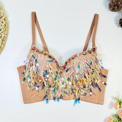 Soutien-gorge tubulaire gainant à dos nu, style boîte de nuit, poitrine enveloppée, pompon, perles