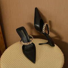 Women's Mules Chain Pointed Toe Mary Jane Stiletto Heels