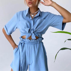 Solid Color Single-Breasted Short Sleeve Shirt Strap Casual Beach Two-Piece Set