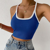 Slim Knit Ultra Short Square Collar Stitching Contrast Color Camisole
