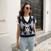 Gilet en jacquard losange tête de mort, pull, tricot, Halloween