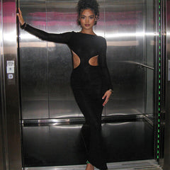 Girls Wear Backless Hollow Out Cutout out Long Sleeve Narrow Solid Color Private Dress