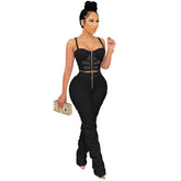 Solid Color Spaghetti Straps Chest Wrap Zipper Vest Pants Two Piece Set