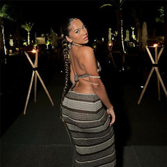 Low Cut Backless Lace up Top High Waist Long Skirt Set