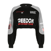 Pull col rond à imprimé graphique de lettres de voiture de course, couleur contrastée, ample, court