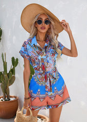 National Printed Short Sleeved Shorts Jumpsuit