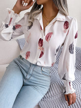 Elegant Feather Lantern Sleeve Collared Shirt