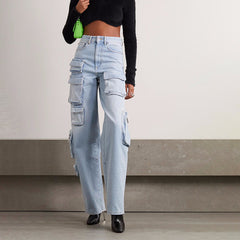 Retro Hellblau verwaschene Cargojeans mit hoher Taille und Reißverschluss und großen Taschen