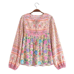 Positioning Printing Patchwork Top Ethnic Vacation Long Sleeve Rayon Shirt