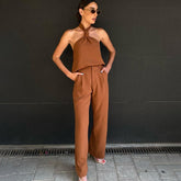 Anzug Neckholder Rückenfreies Oberteil Hohe Taille Freizeithose Zweiteiliger Anzug