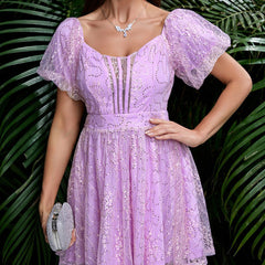 Hollow Out Cutout Short Mesh Lace Puff Sleeve Dress