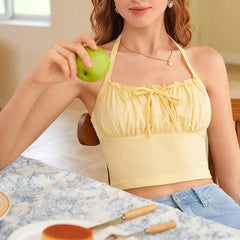 Sleeveless Halter Lace up Backless Solid Color Short Vest Top