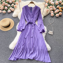 Robe longue à manches longues, col en V, nœud, lacets, taille cintrée, au-dessus du genou, style rétro français, grande robe trapèze plissée