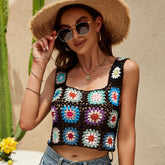 Ethnische Oberbekleidung HCrocheting Crop-Top Spaghettiträger Kurzer quadratischer Kragen Kontrastfarbe Blumen Ausgehöhlte Corchet Weste