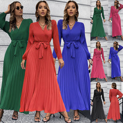 V neck Long Sleeve Pleated A line Mid Length Dress