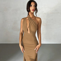 Deep V Plunge neck Backless Fold Split Dress