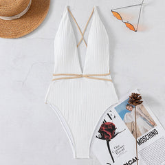 Beach Swimwear Solid Color V neck Backless Quick Drying One Piece Bikini Swimwear