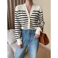 Cardigan tricoté à rayures contrastées à la mode française, col en V, pour le bureau, assorti à tout