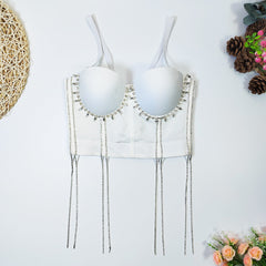 Hip Hop Belly Dance Performance Tube Top Nightclub Body Shaping Boning Corset Tassel Rhinestone Beaded Sling