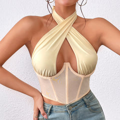 Korsett mit Neckholder und Stäbchen, Netzstoff und Perspektiv-Kreuz