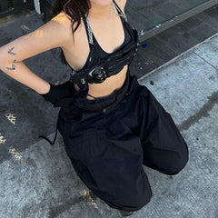 Overalls Street Shooting Schräge Gürtelschnalle Hohe Taille Lose Knöchelgebundene Freizeithose