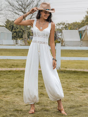 Bell Bottom Pants Drawstring Spaghetti Straps Sleeveless Hollow Out Cutout High Waist Jumpsuits