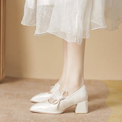 Women's Jane Square Toe Thick Bowknot High Heels