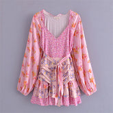 Small Fresh Pullover Pink Color Matching Printed High Waist Dress
