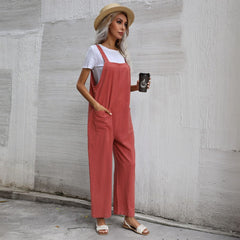 Trendy Cotton Linen Solid Color Sleeveless Sling Jumpsuit